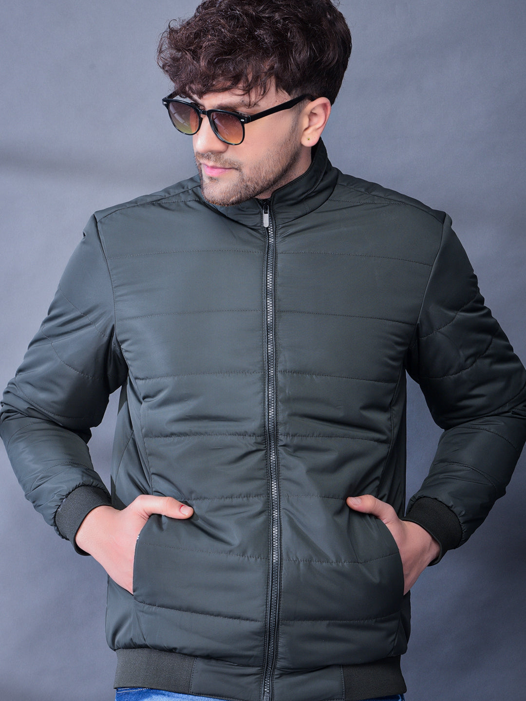 Cobb Green Solid Round Neck Jacket