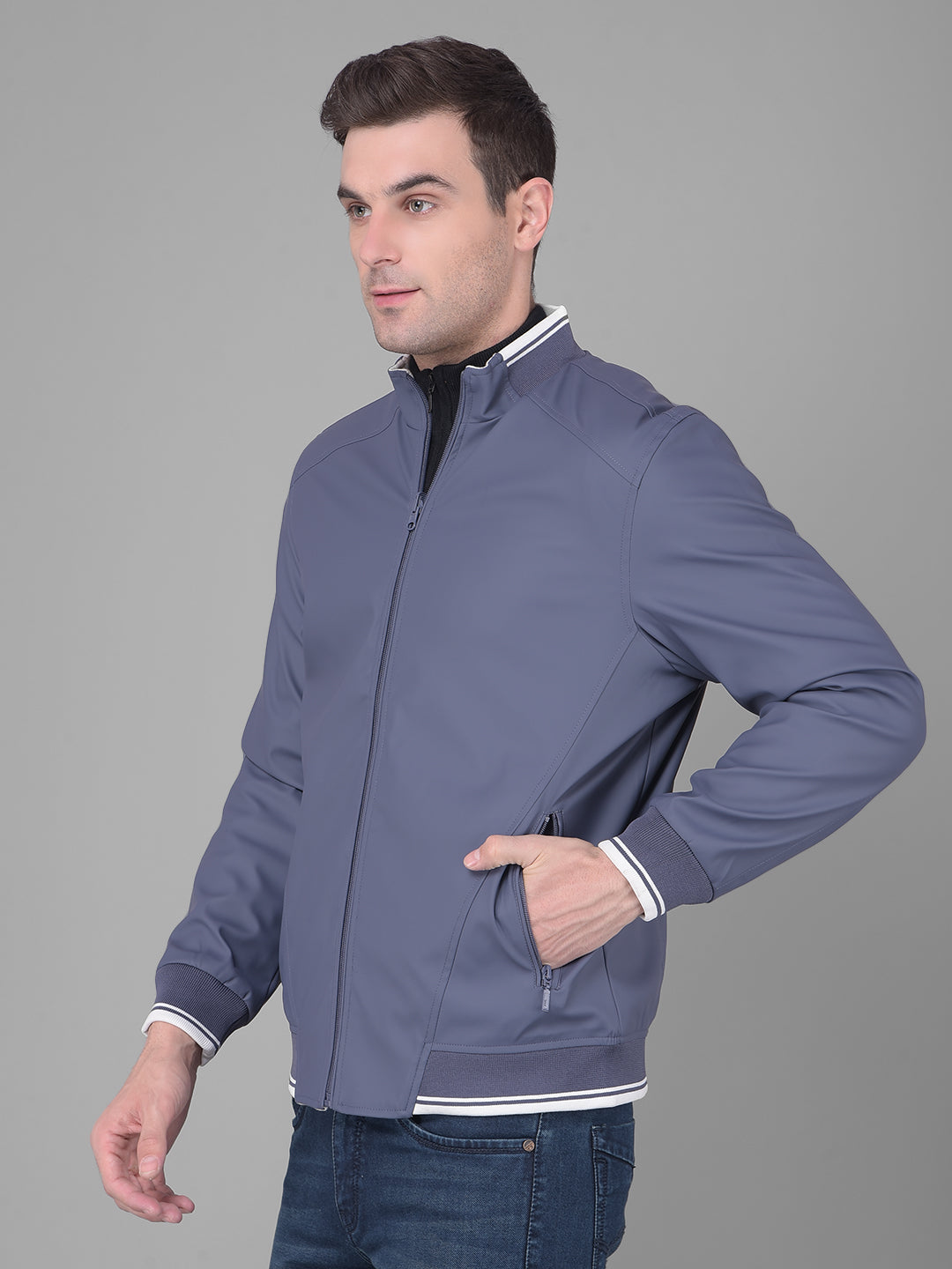 cobb solid blue white reversible mock collar jacket