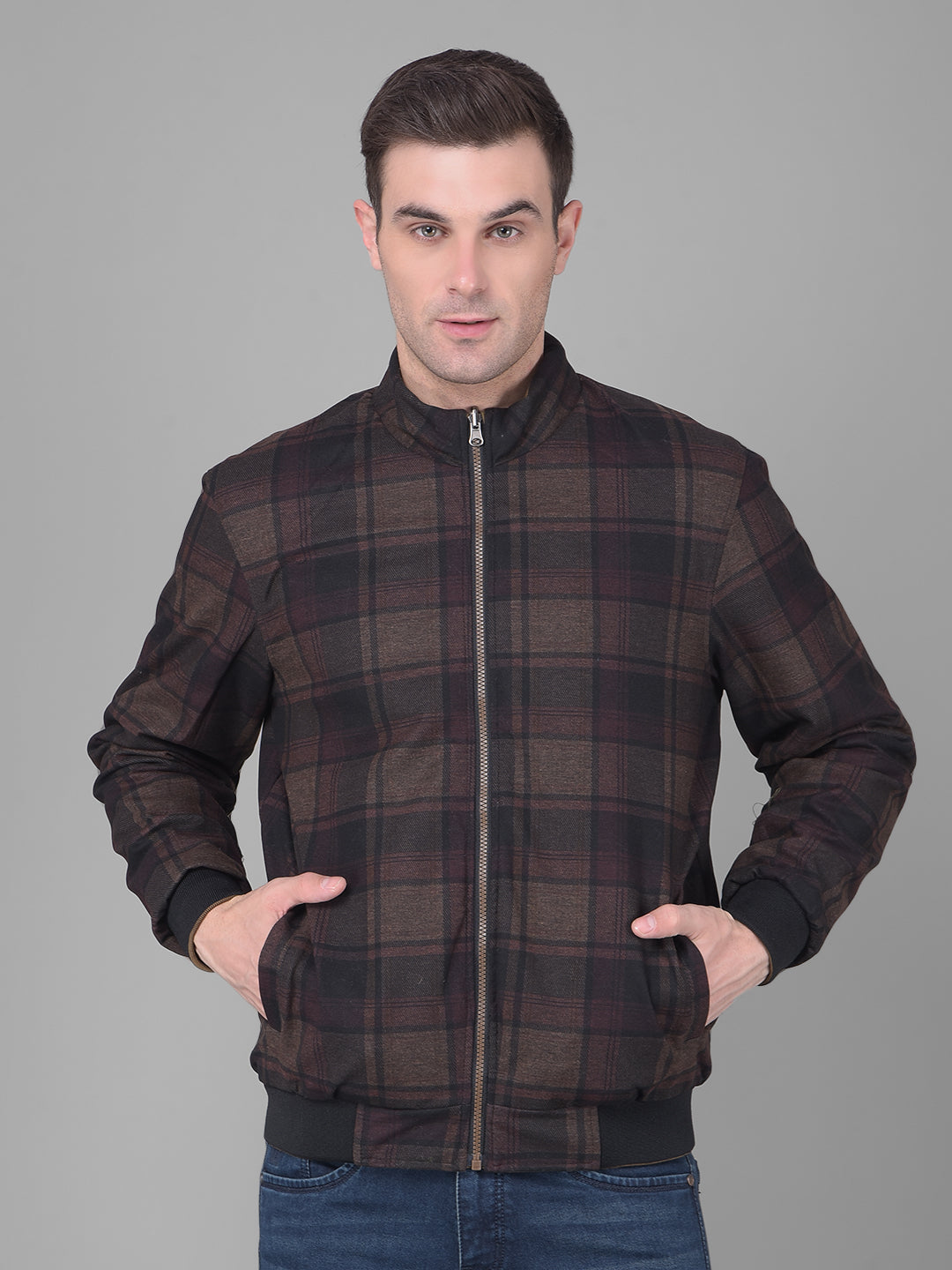 cobb solid camel checked brown reversible mock collar jacket