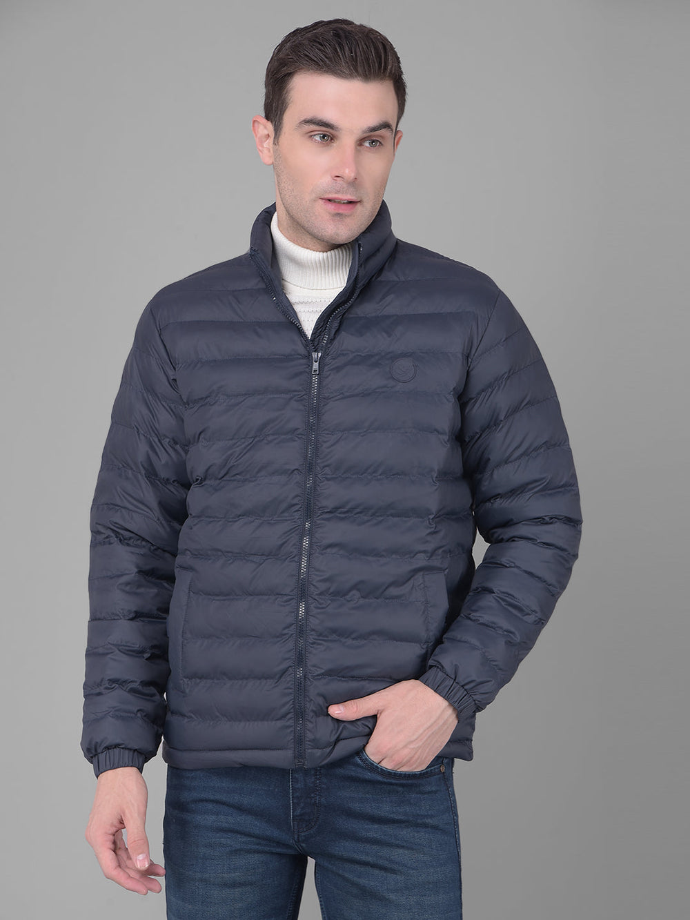 cobb solid navy blue mock collar jacket