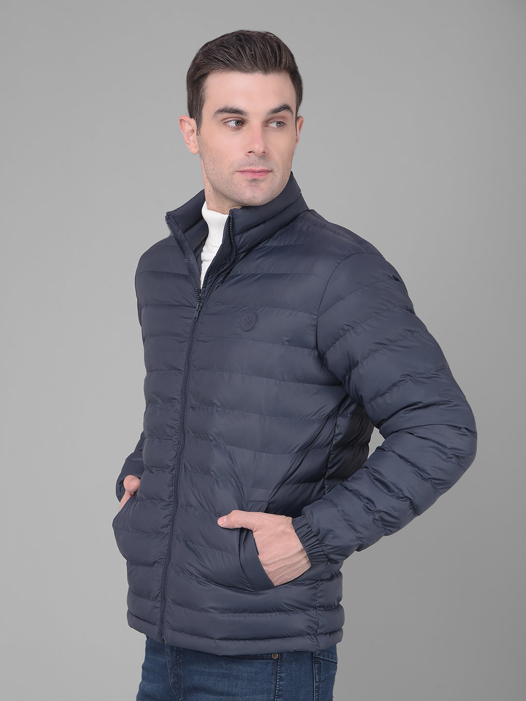 Short Standing Collar Blue Puffer Jacket with Multiple Front Pockets B