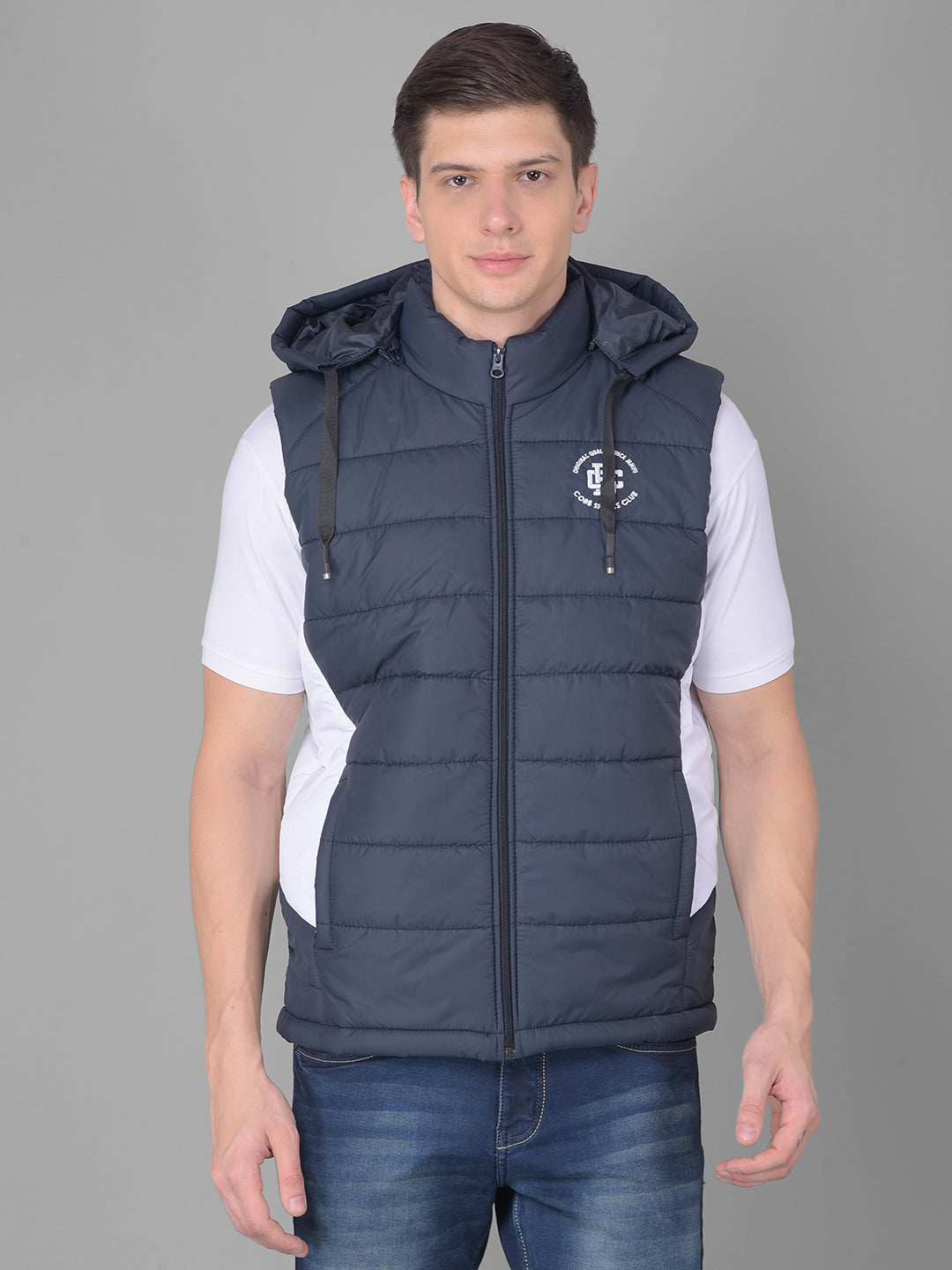 COBB NAVY BLUE SOLID HALF SLEEVE ZIPPER JACKET