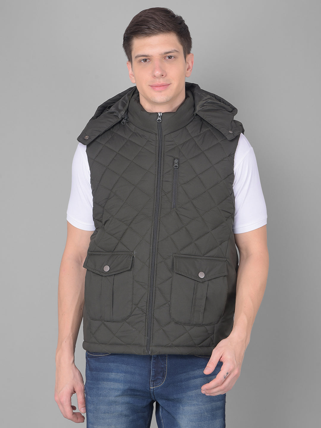 COBB DARK OLIVE DIAMOND CUT HALF SLEEVE ZIPPER JACKET