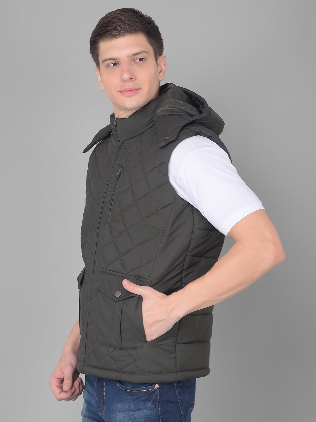 COBB DARK OLIVE DIAMOND CUT HALF SLEEVE ZIPPER JACKET