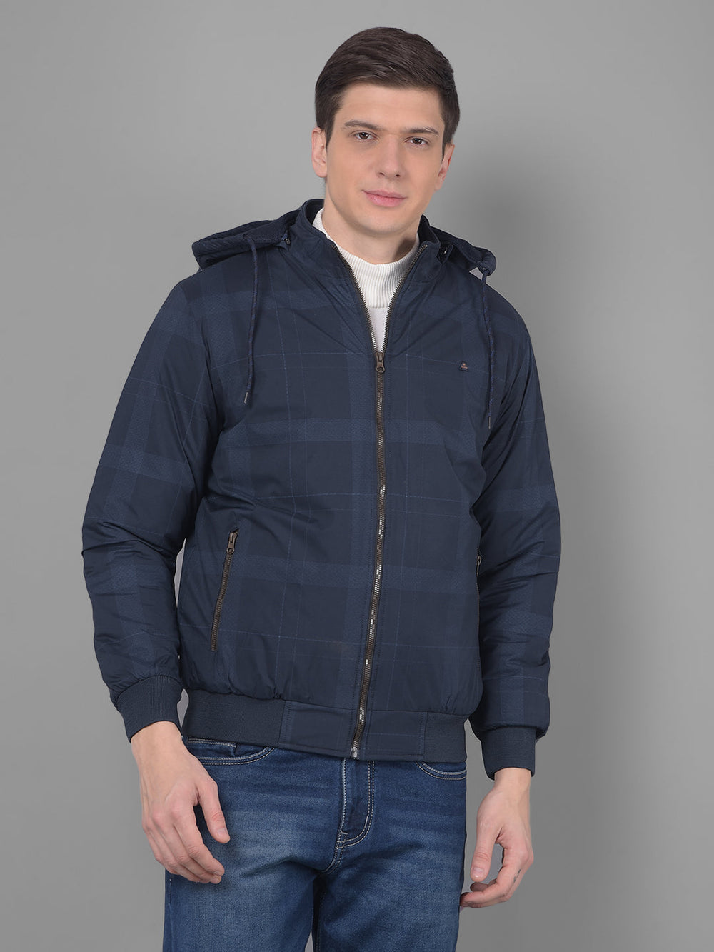 cobb navy checked round neck jacket