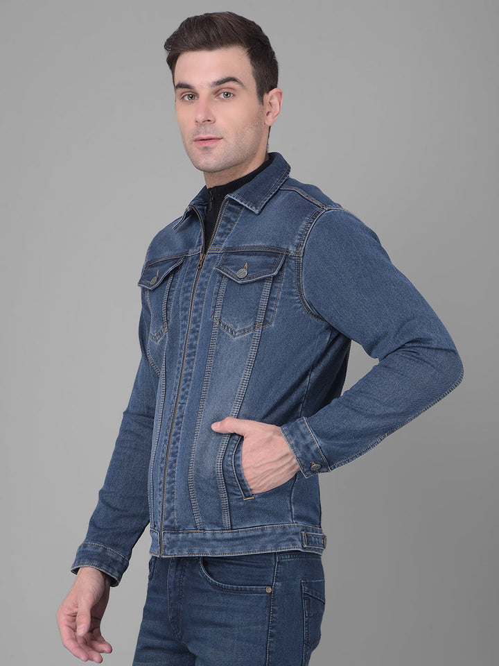 cobb blue collar neck zip-up denim jacket