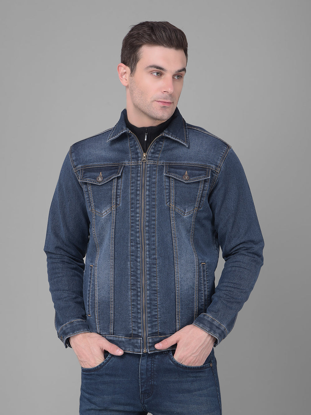 cobb navy blue collar neck zip-up denim jacket