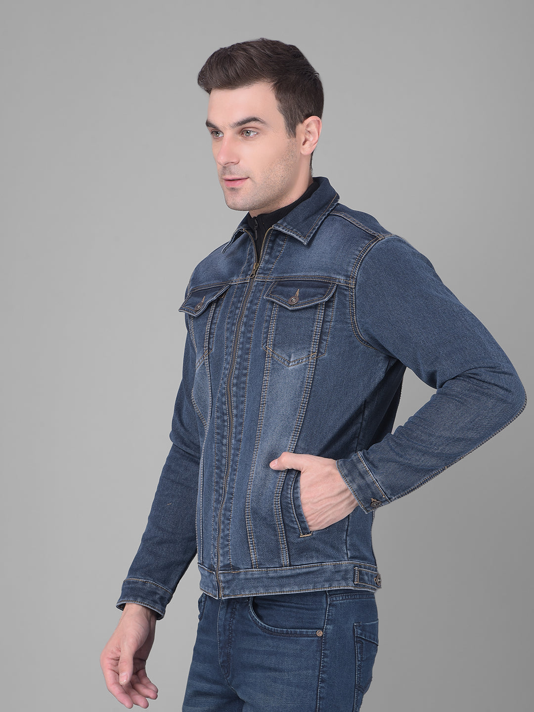 cobb navy blue collar neck zip-up denim jacket
