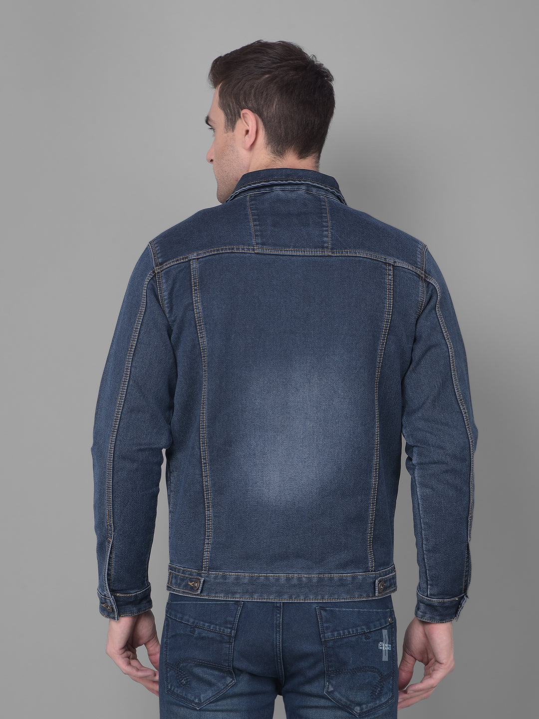 cobb navy blue collar neck zip-up denim jacket