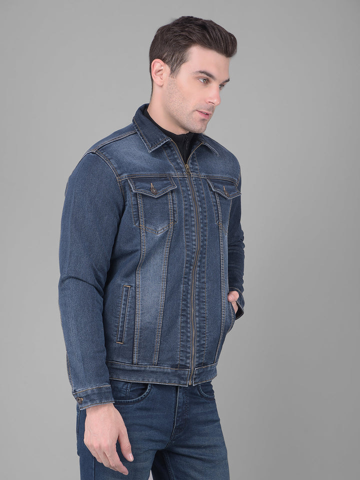 cobb navy blue collar neck zip-up denim jacket