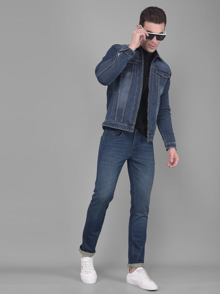 COBB NAVY BLUE COLLAR NECK ZIP-UP DENIM JACKET