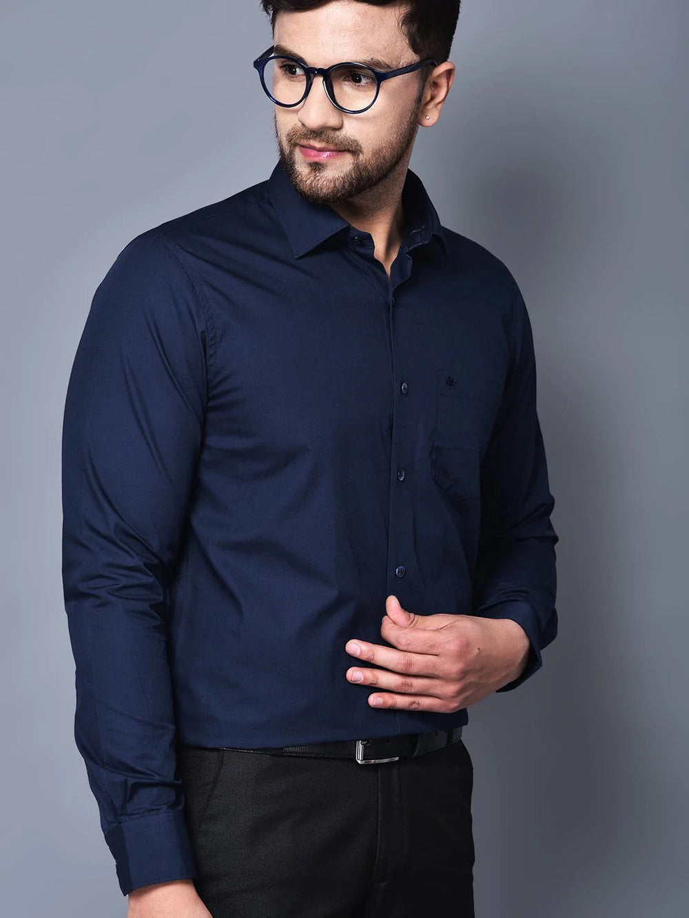 Cobb Navy Blue Solid Slim Fit Formal Shirt