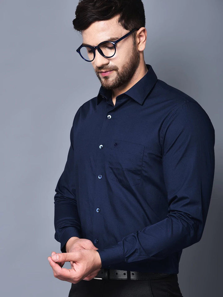 Cobb Navy Blue Solid Slim Fit Formal Shirt