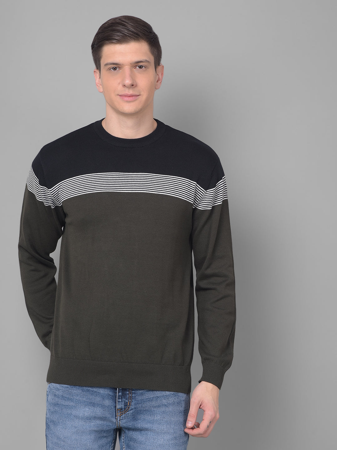 COBB OLIVE STRIPED ROUND NECK SWEATER OLIVE