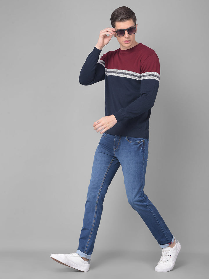 COBB RED BLUE STRIPED ROUND NECK SWEATER