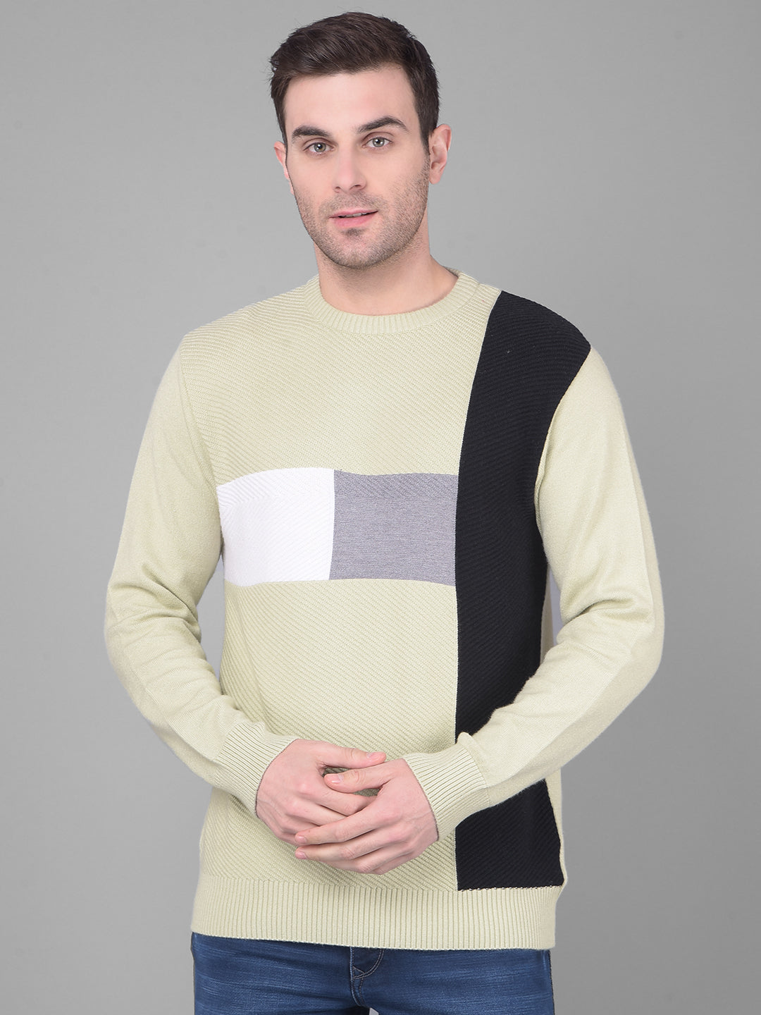 cobb light pista green striped round neck sweater