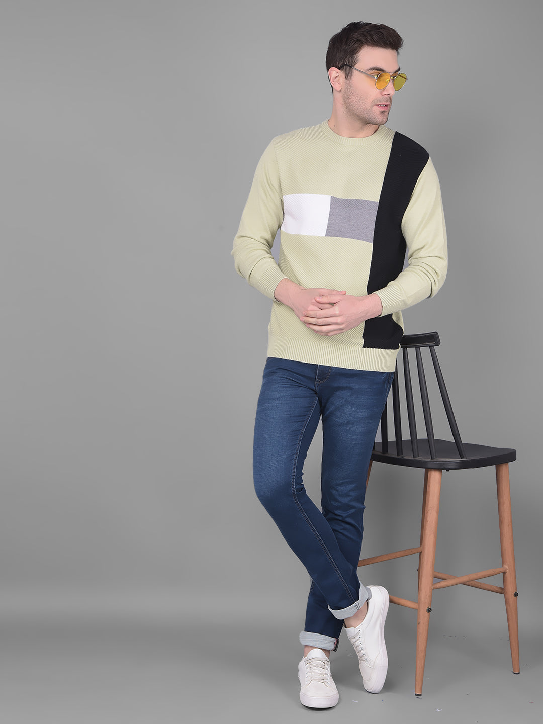 Cobb Light Pista Green Striped Round Neck Sweater