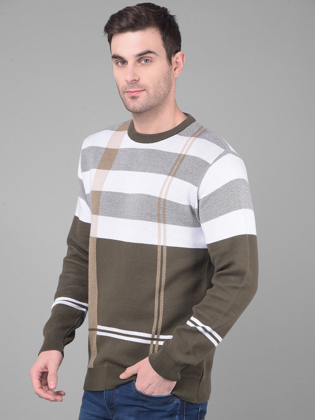 cobb brown white striped round neck sweater