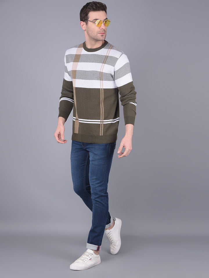 Cobb Brown White Striped Round Neck Sweater