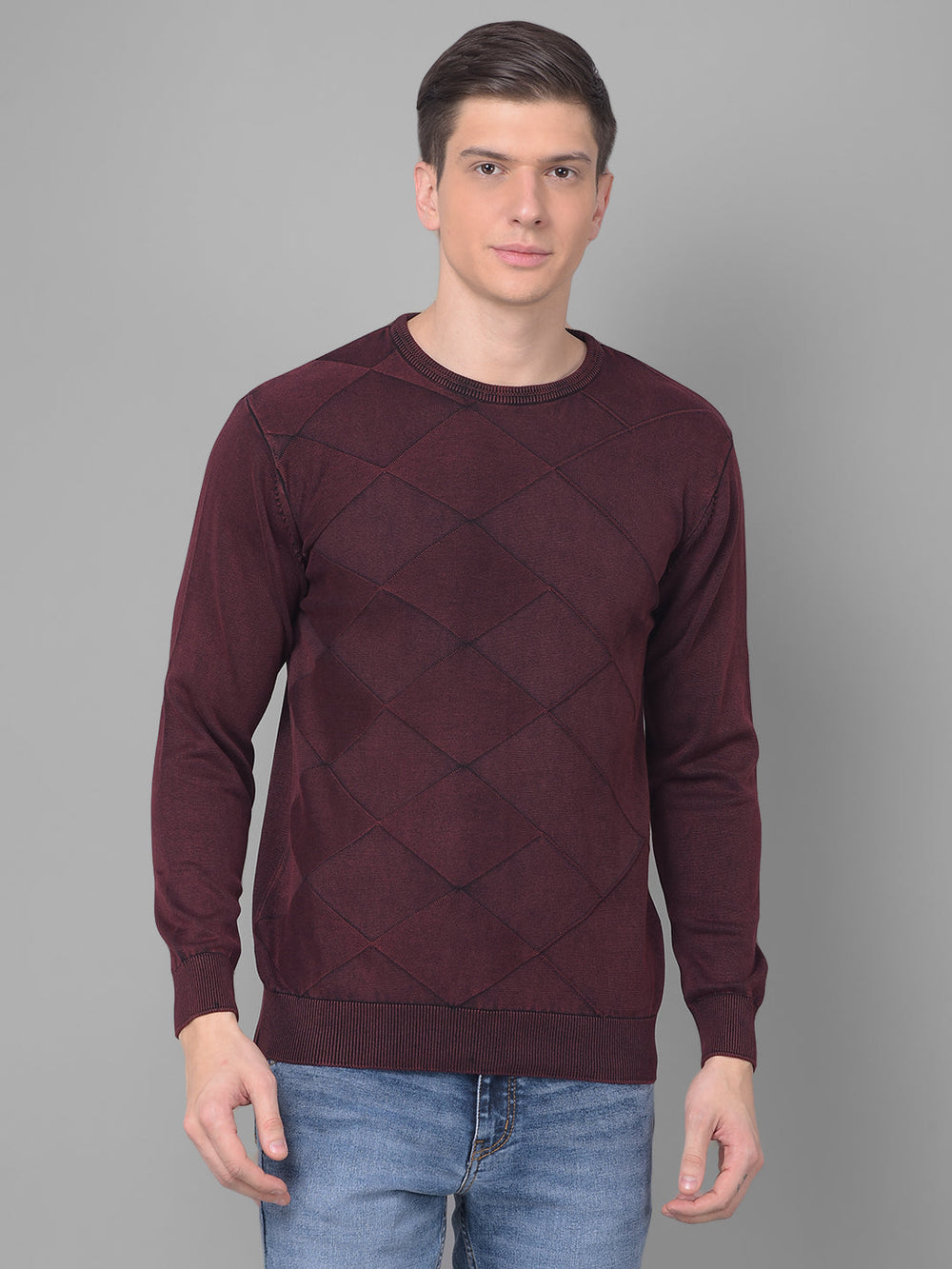 COBB SOLID WINE DIAMOND CUT ROUND NECK SWEATER WINE