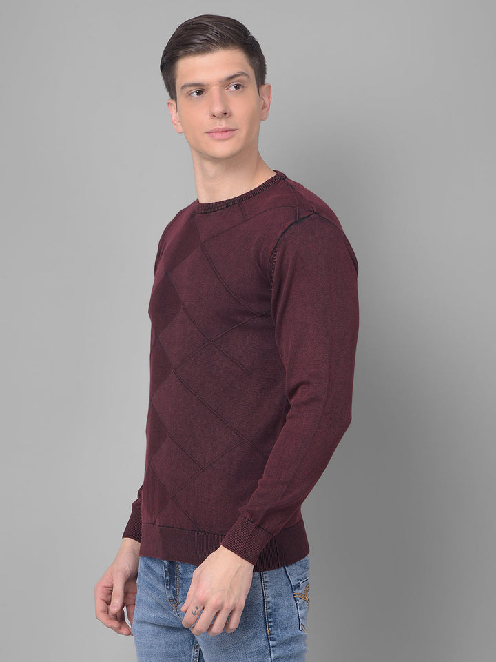 COBB SOLID WINE DIAMOND CUT ROUND NECK SWEATER