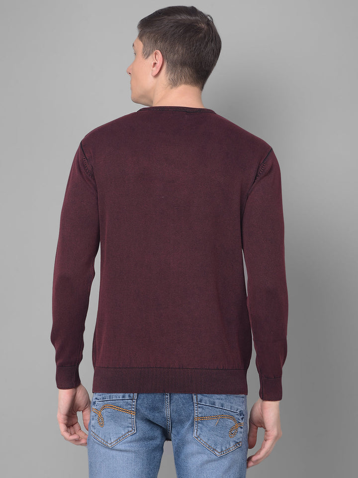 COBB SOLID WINE DIAMOND CUT ROUND NECK SWEATER