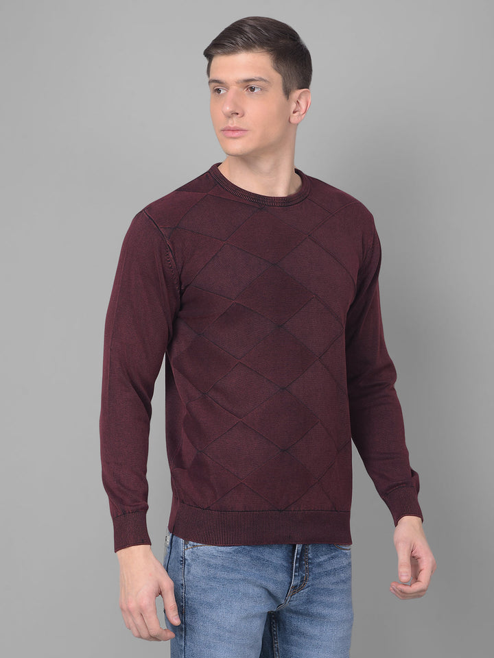 COBB SOLID WINE DIAMOND CUT ROUND NECK SWEATER