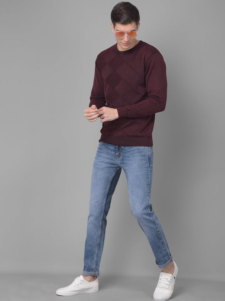 COBB SOLID WINE DIAMOND CUT ROUND NECK SWEATER