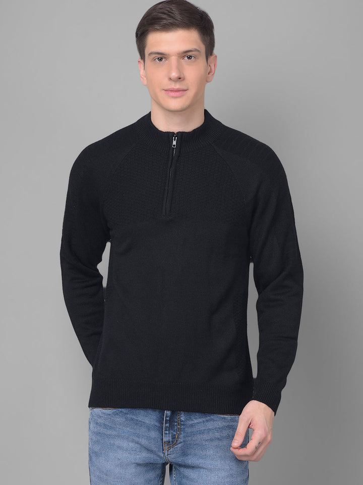 COBB SOLID BLACK ZIPPER ROUND NECK SWEATER BLACK