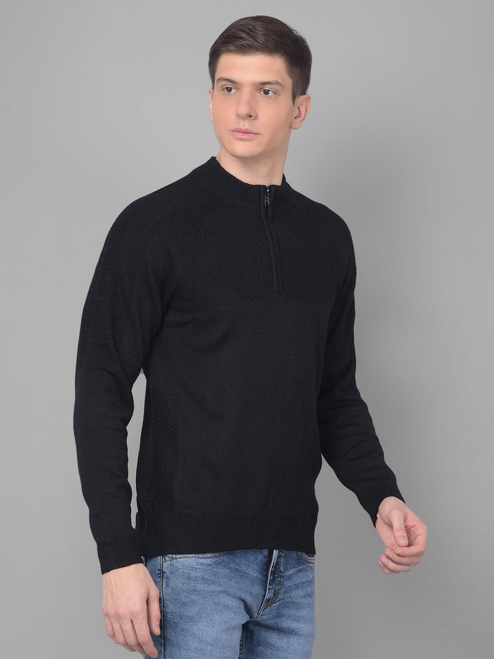 COBB SOLID BLACK ZIPPER ROUND NECK SWEATER