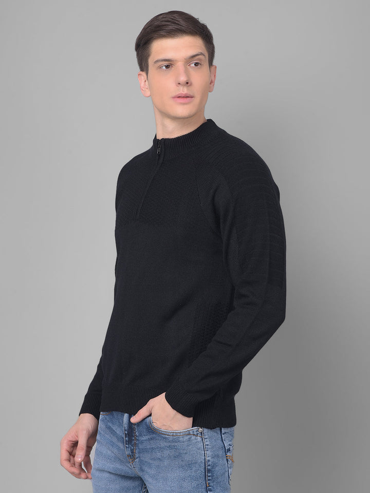 COBB SOLID BLACK ZIPPER ROUND NECK SWEATER