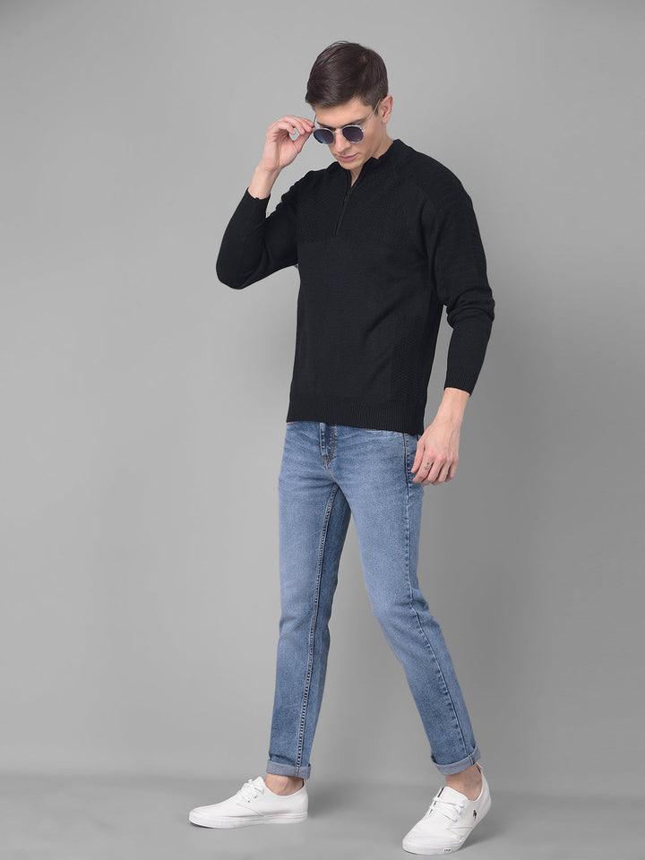 COBB SOLID BLACK ZIPPER ROUND NECK SWEATER