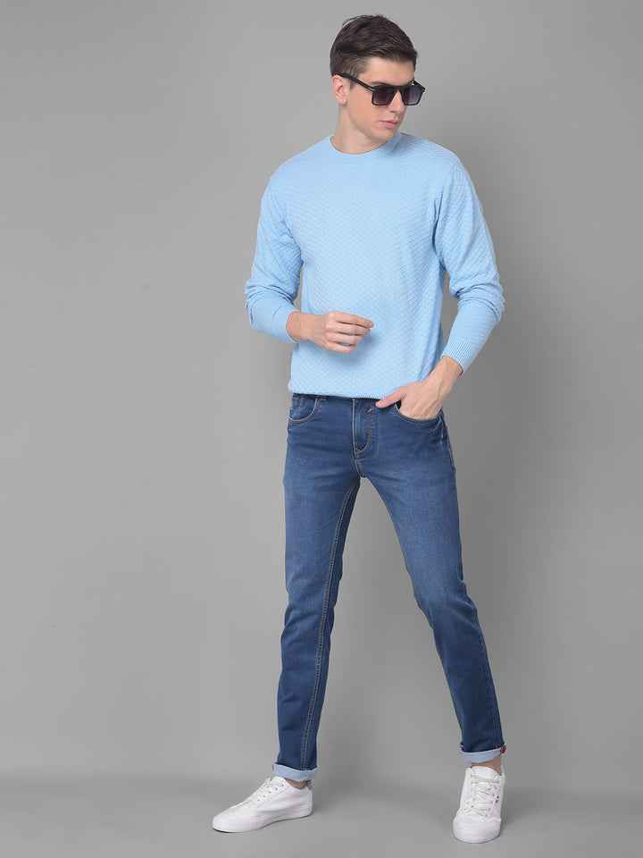 COBB SOLID SKY BLUE DIAMOND CUT ROUND NECK SWEATER