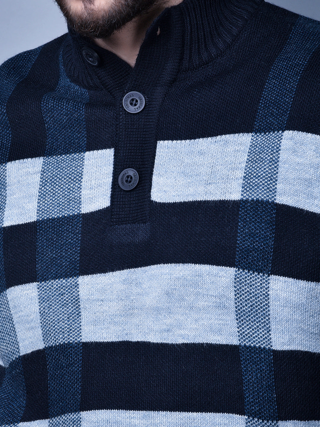Cobb Navy Blue Striped Round Neck Sweater