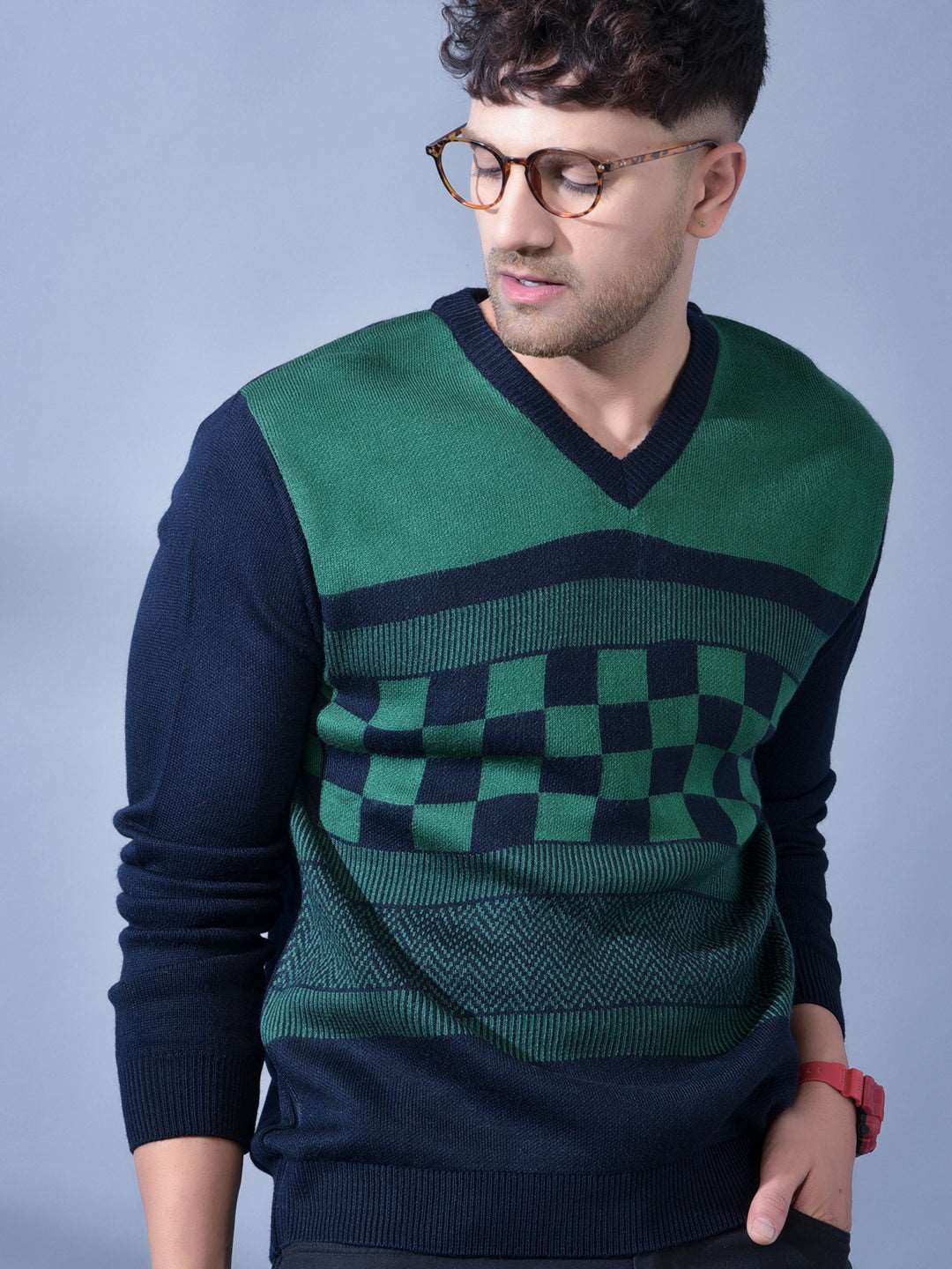 Cobb Green Striped V Neck Sweater