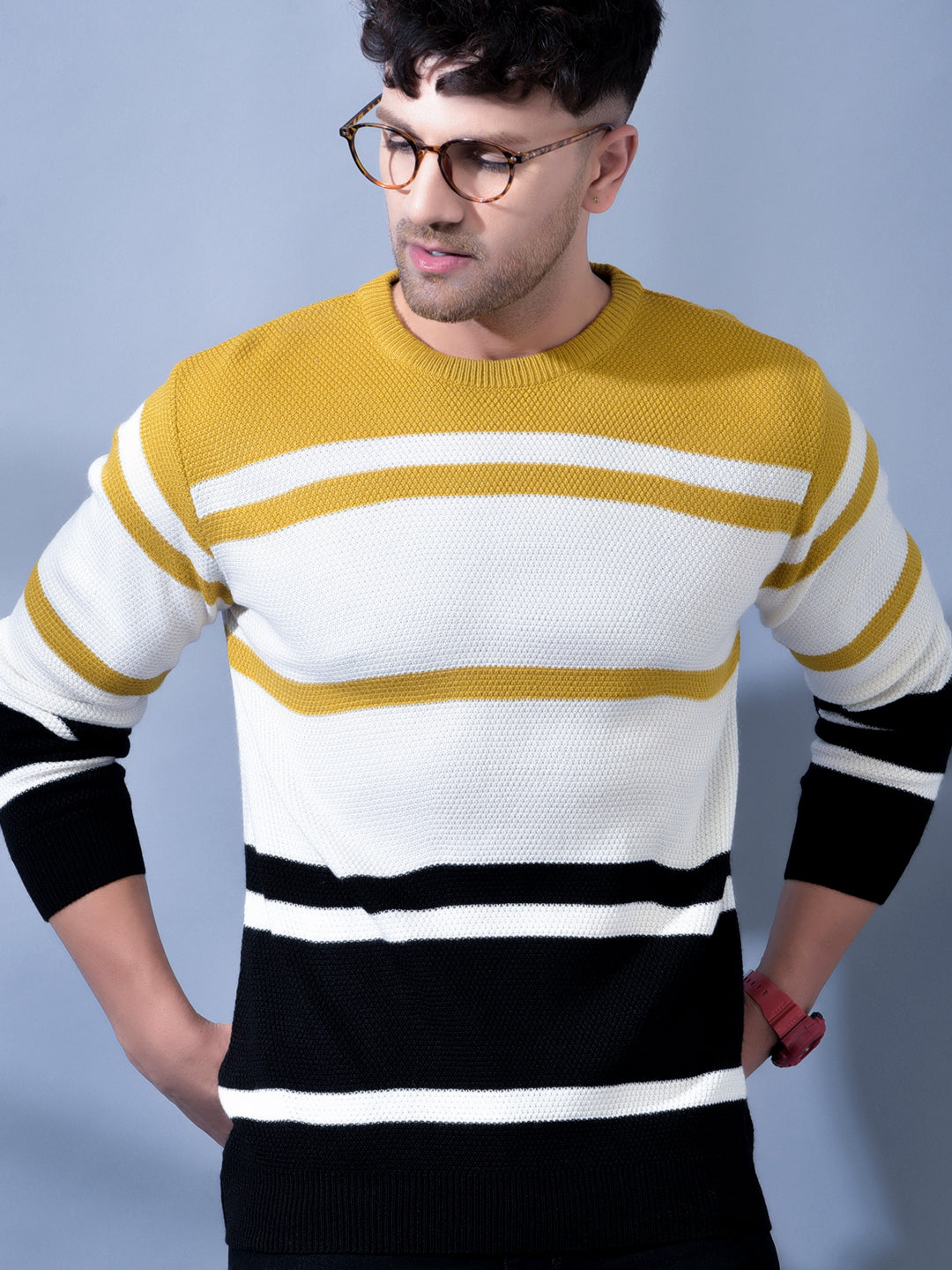Cobb White Striped Round Neck Sweater