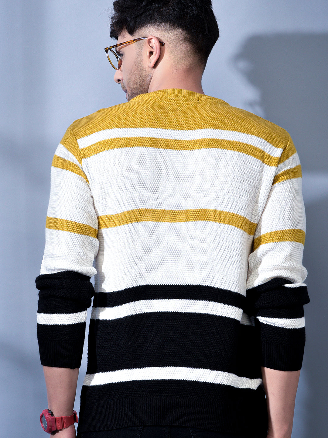 Cobb White Striped Round Neck Sweater