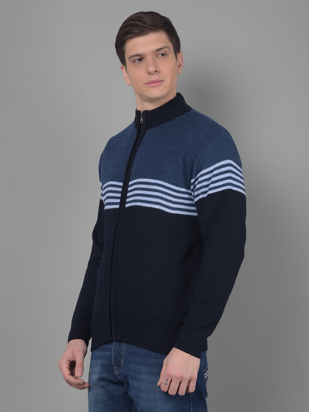 cobb blue striped high neck zipper sweater
