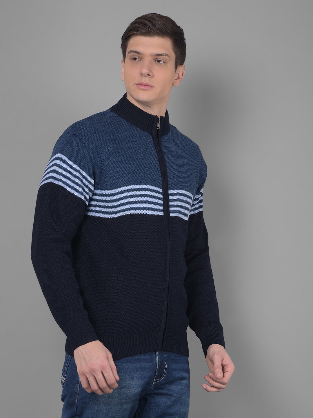 cobb blue striped high neck zipper sweater