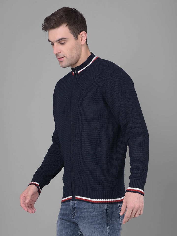 cobb solid navy blue high neck zipper sweater