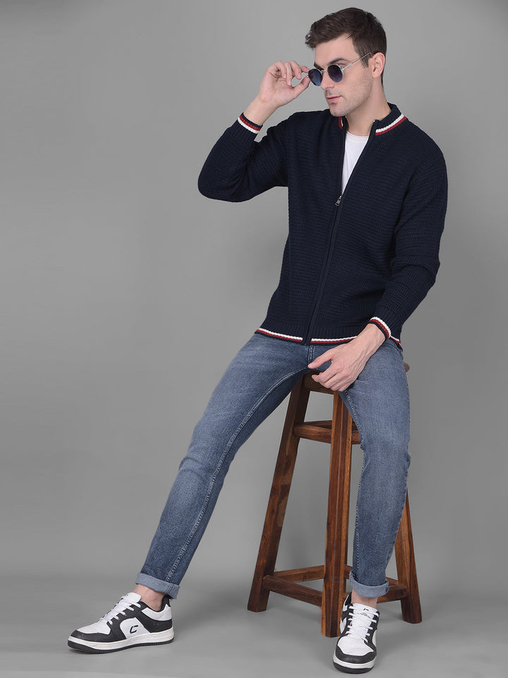 COBB SOLID NAVY BLUE HIGH NECK ZIPPER SWEATER