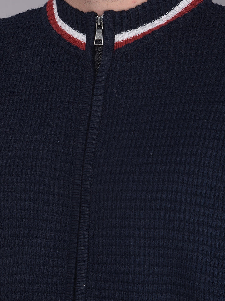 COBB SOLID NAVY BLUE HIGH NECK ZIPPER SWEATER