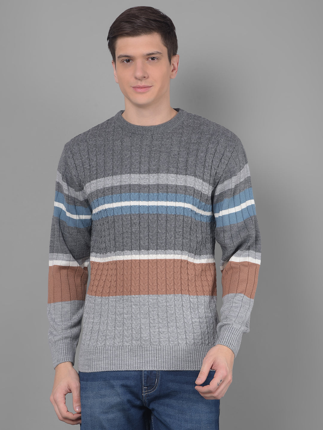 cobb grey striped round neck sweater