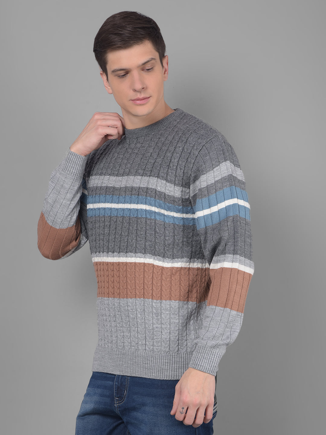 cobb grey striped round neck sweater
