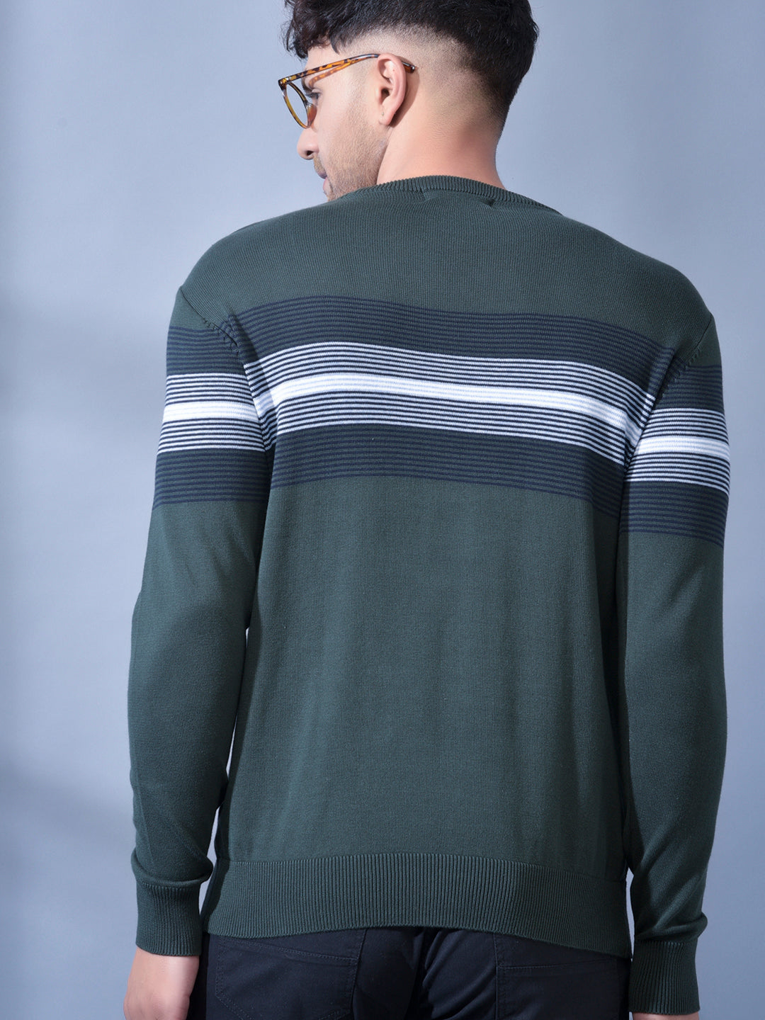 Cobb Olive Striped Round Neck Sweater