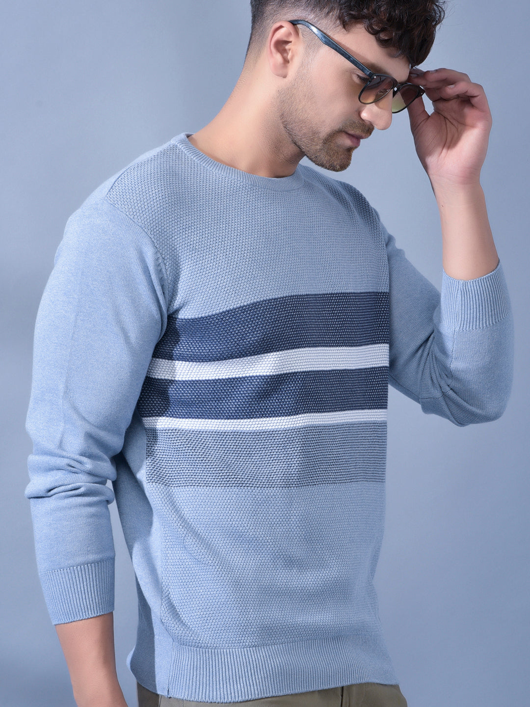 Cobb Sky Blue Striped Round Neck Sweater