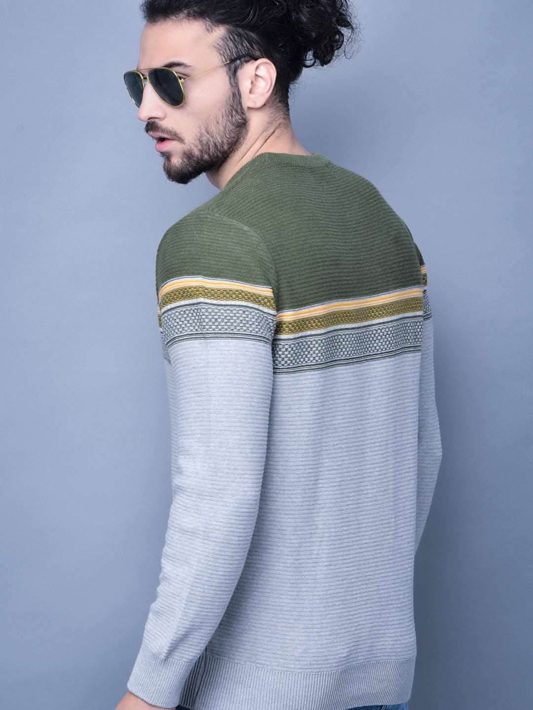 Cobb Grey Striped Round Neck Sweater