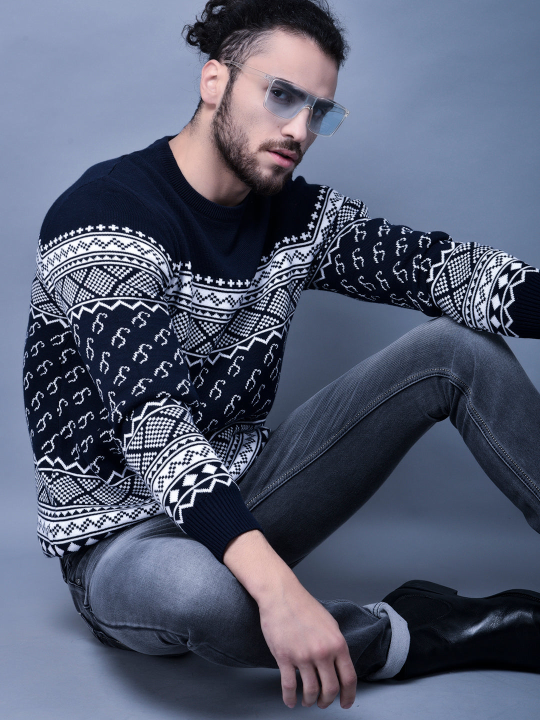 Cobb Navy Blue Printed Round Neck Sweater