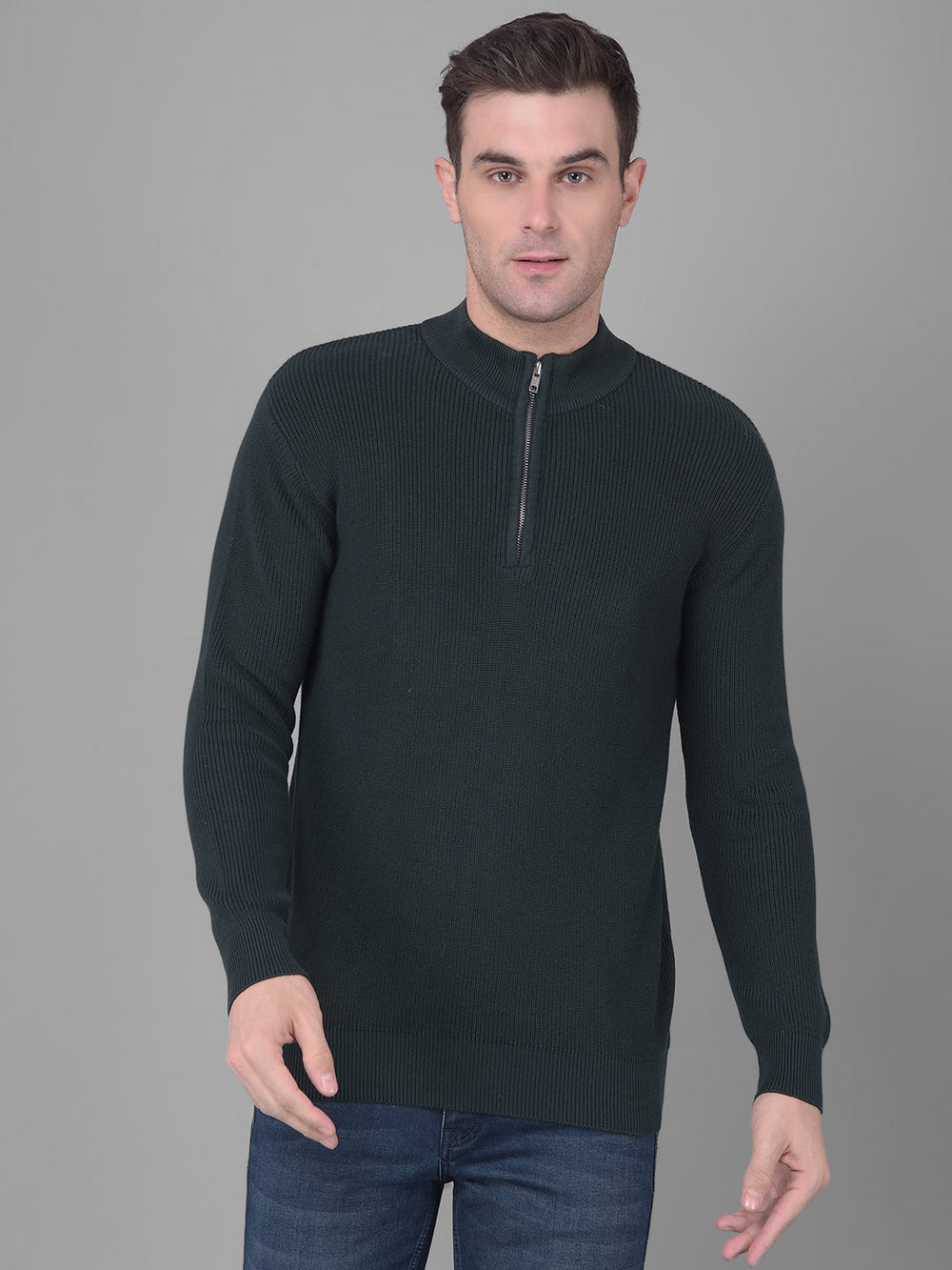 cobb solid dark green high neck zipper sweater