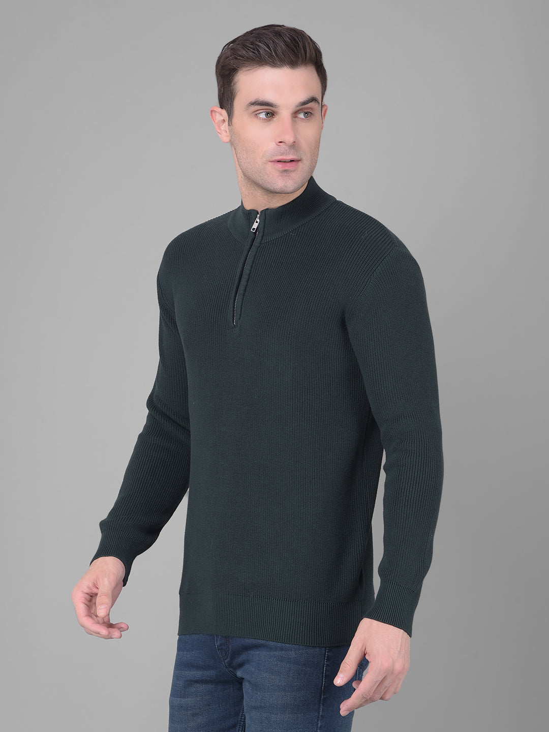 COBB SOLID DARK GREEN HIGH NECK ZIPPER SWEATER